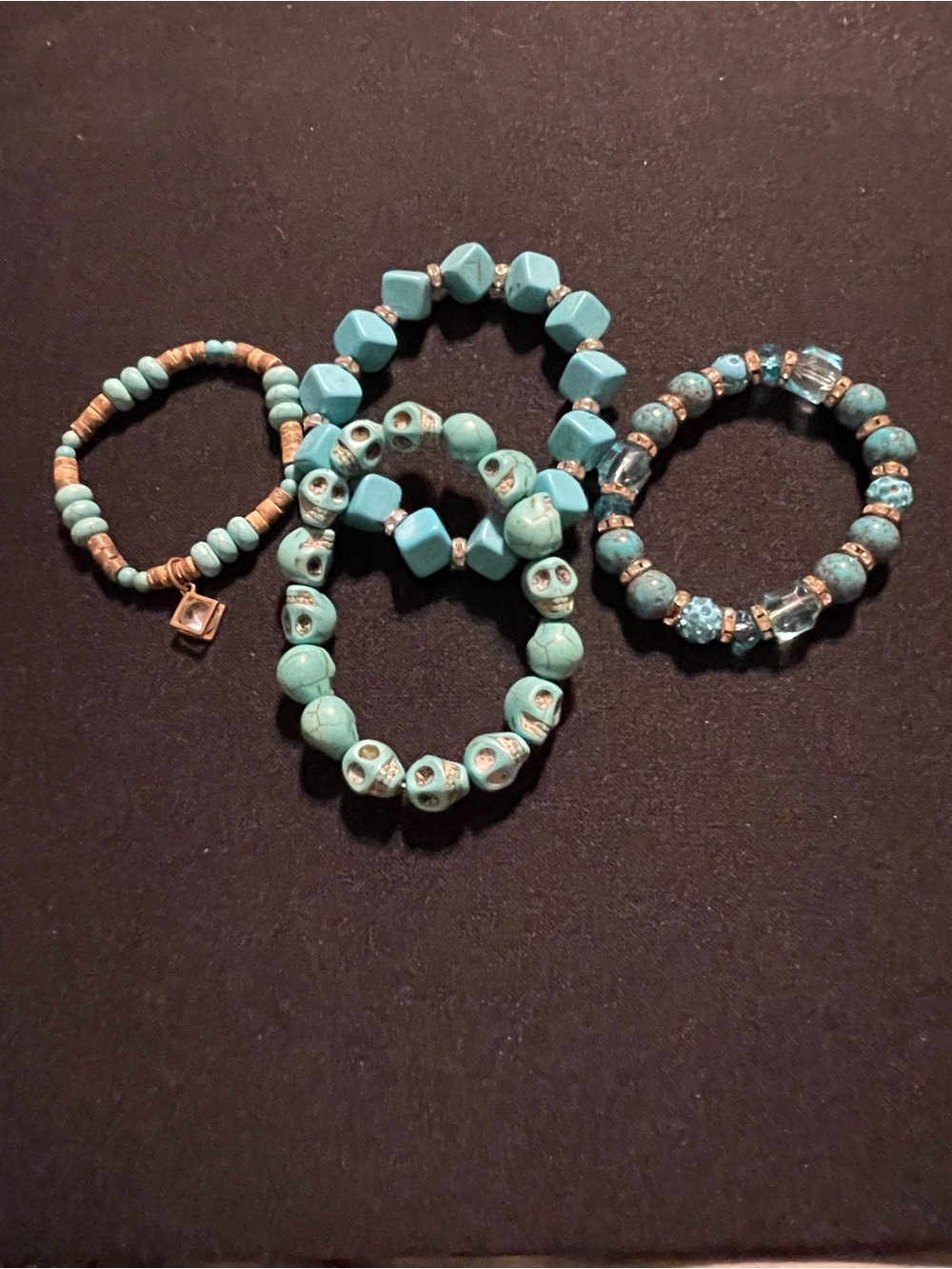 Turquoise Beaded Bracelet Set — Stretch Skull & Gem Accent Bracelets
